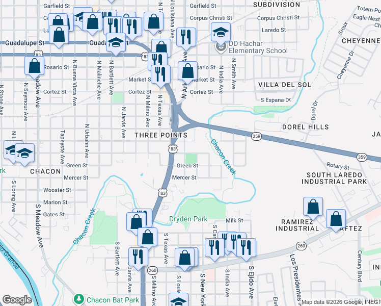 map of restaurants, bars, coffee shops, grocery stores, and more near 201 North Arkansas Avenue in Laredo