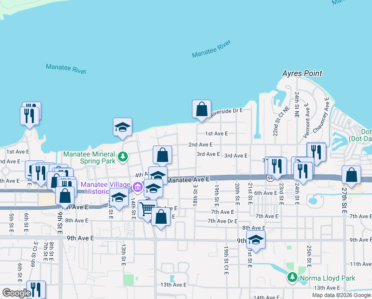 map of restaurants, bars, coffee shops, grocery stores, and more near 224 18th Street East in Bradenton