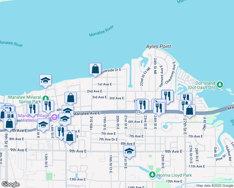 map of restaurants, bars, coffee shops, grocery stores, and more near 2007 3rd Avenue East in Bradenton