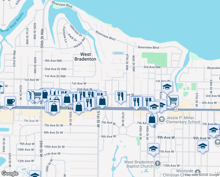 map of restaurants, bars, coffee shops, grocery stores, and more near 297 50th Street West in Bradenton