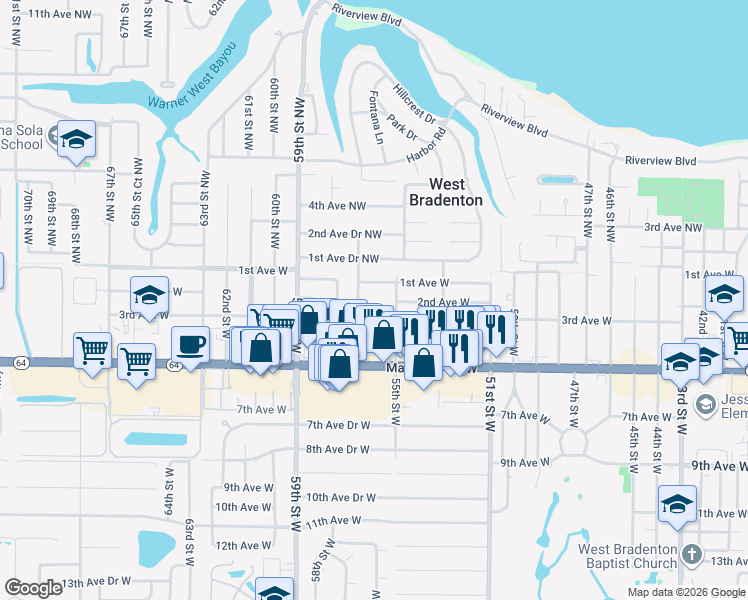 map of restaurants, bars, coffee shops, grocery stores, and more near 5515 2nd Avenue Drive West in Bradenton