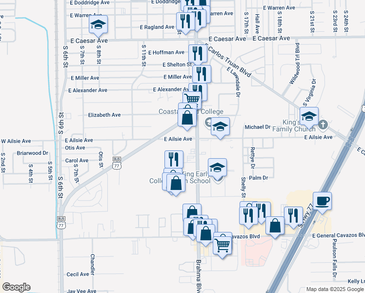 map of restaurants, bars, coffee shops, grocery stores, and more near 2001 Brahma Boulevard in Kingsville