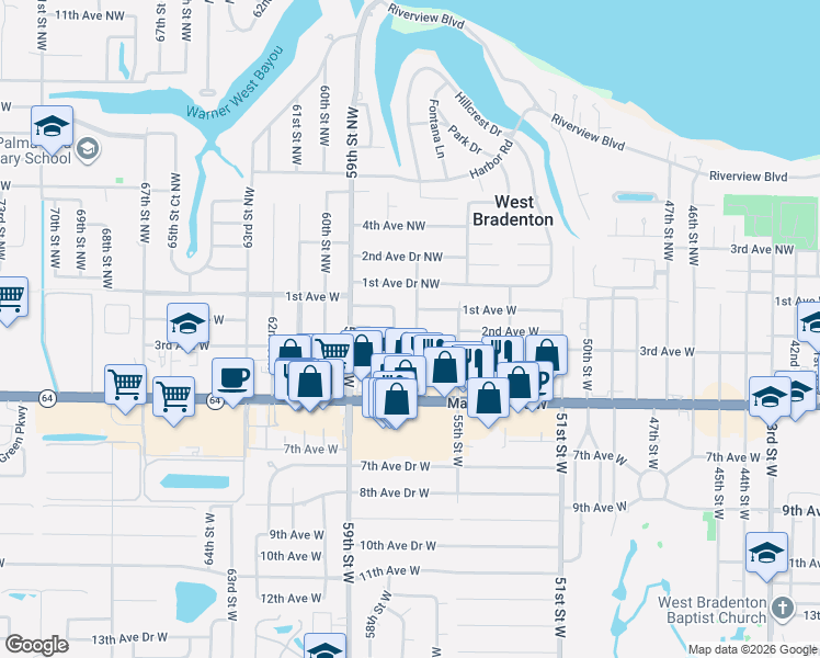 map of restaurants, bars, coffee shops, grocery stores, and more near 303 57th Street Court West in Bradenton