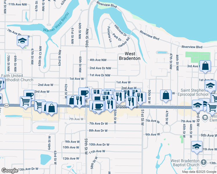 map of restaurants, bars, coffee shops, grocery stores, and more near 5515 2nd Avenue Drive West in Bradenton