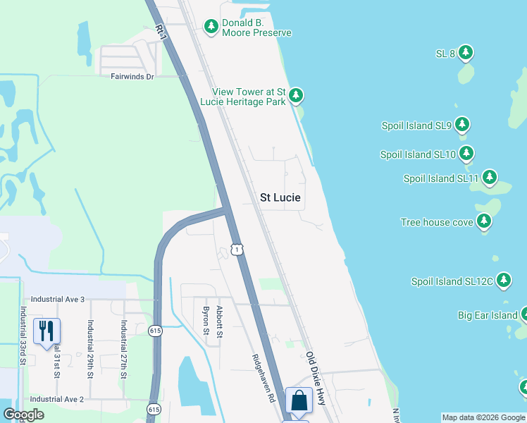 map of restaurants, bars, coffee shops, grocery stores, and more near 305 Milton Road in Fort Pierce