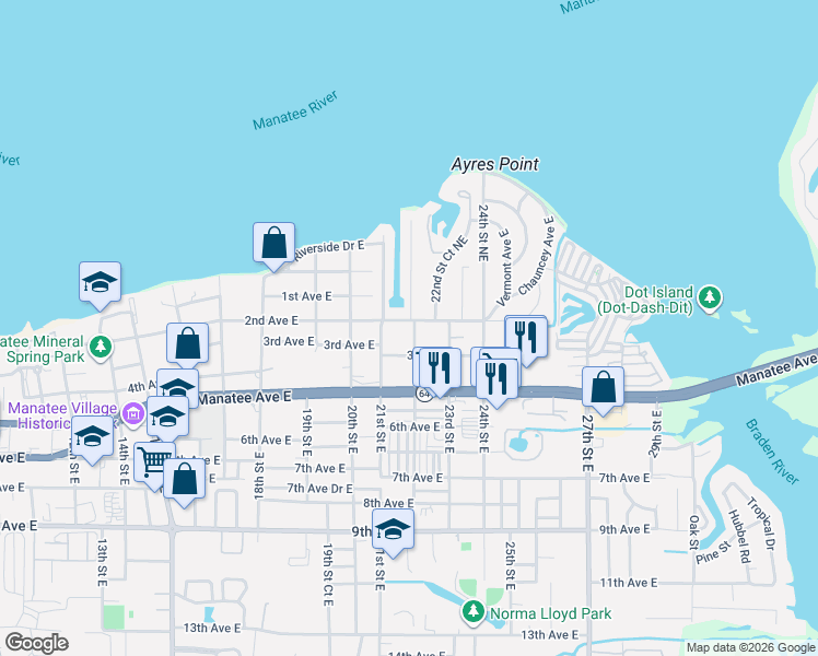 map of restaurants, bars, coffee shops, grocery stores, and more near 218 22nd Street East in Bradenton