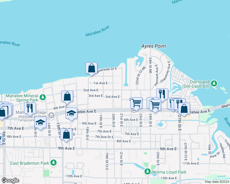 map of restaurants, bars, coffee shops, grocery stores, and more near 2007 3rd Avenue East in Bradenton
