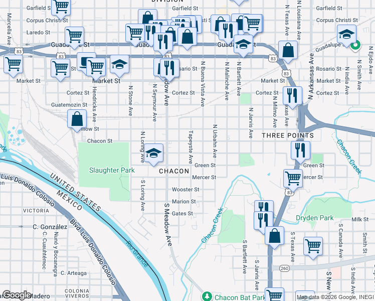 map of restaurants, bars, coffee shops, grocery stores, and more near 1719 Piedra China Street in Laredo