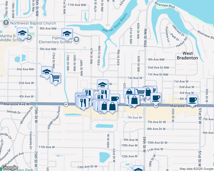map of restaurants, bars, coffee shops, grocery stores, and more near 6411 2nd Avenue West in Bradenton