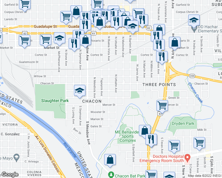 map of restaurants, bars, coffee shops, grocery stores, and more near 1904 Piedra China Street in Laredo