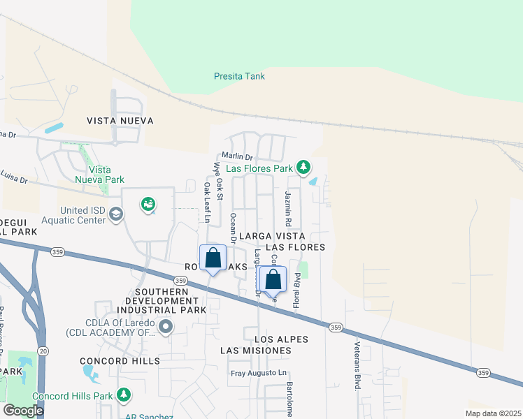 map of restaurants, bars, coffee shops, grocery stores, and more near 224 Larga Vista Drive in Laredo