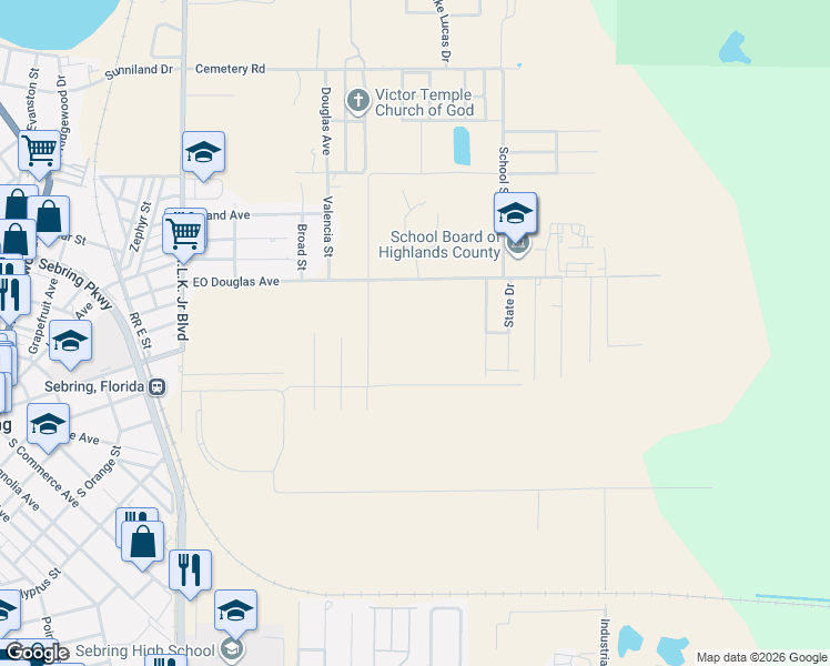 map of restaurants, bars, coffee shops, grocery stores, and more near 1615 EO Douglas Avenue in Sebring