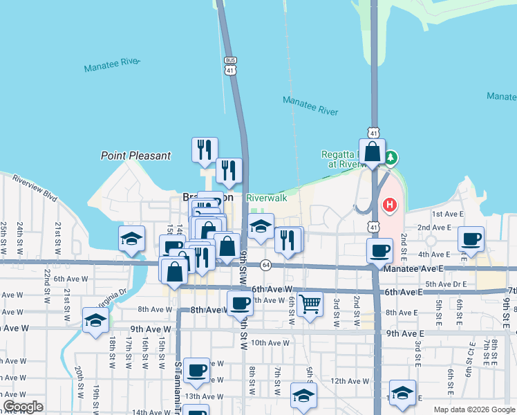 map of restaurants, bars, coffee shops, grocery stores, and more near 227 9th Street West in Bradenton