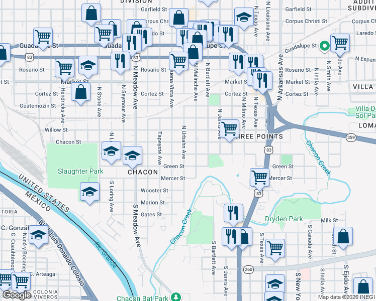 map of restaurants, bars, coffee shops, grocery stores, and more near 2019 Piedra China St in Laredo