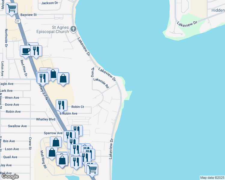 map of restaurants, bars, coffee shops, grocery stores, and more near 4260 Lakeview Dr in Sebring