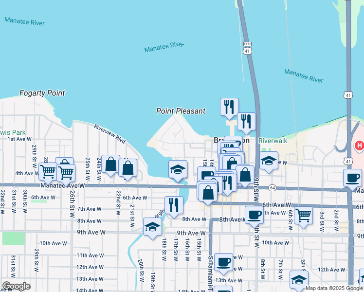 map of restaurants, bars, coffee shops, grocery stores, and more near 1603 1st Avenue West in Bradenton