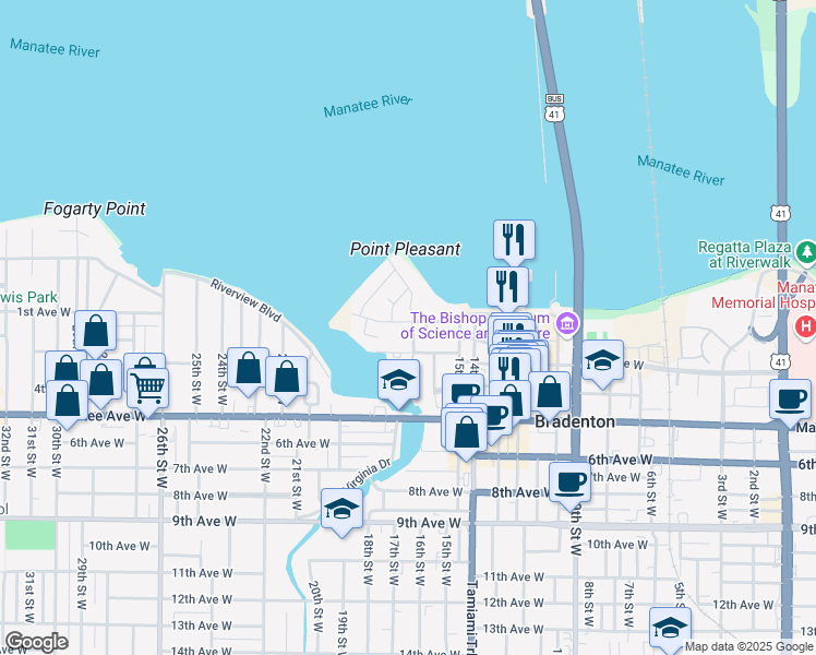 map of restaurants, bars, coffee shops, grocery stores, and more near 1603 1st Avenue West in Bradenton