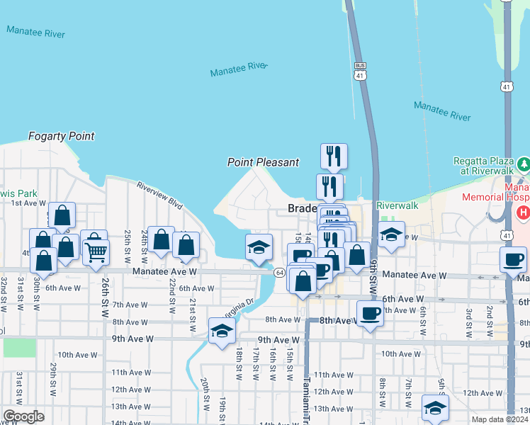 map of restaurants, bars, coffee shops, grocery stores, and more near 1700 3rd Avenue West in Bradenton