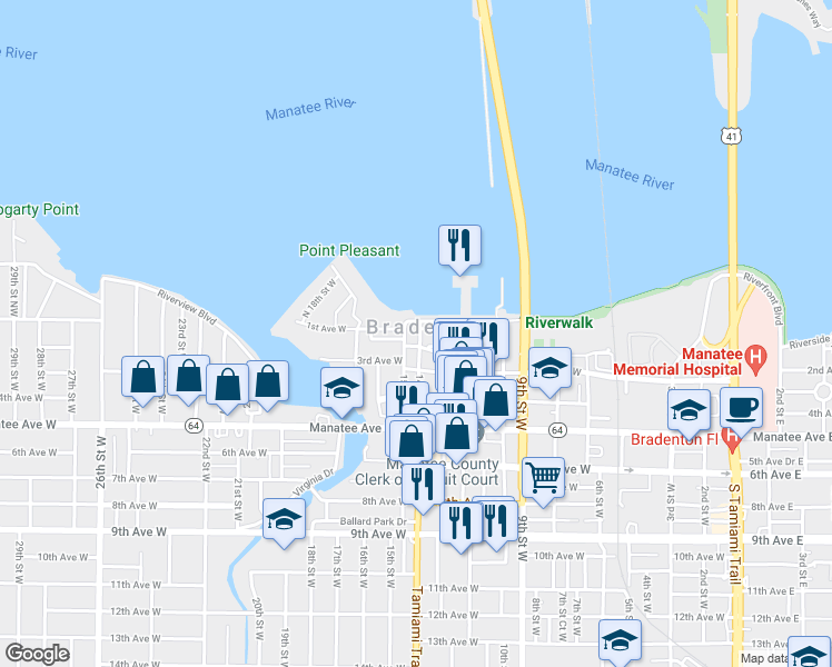 map of restaurants, bars, coffee shops, grocery stores, and more near 1325 2nd Avenue West in Bradenton