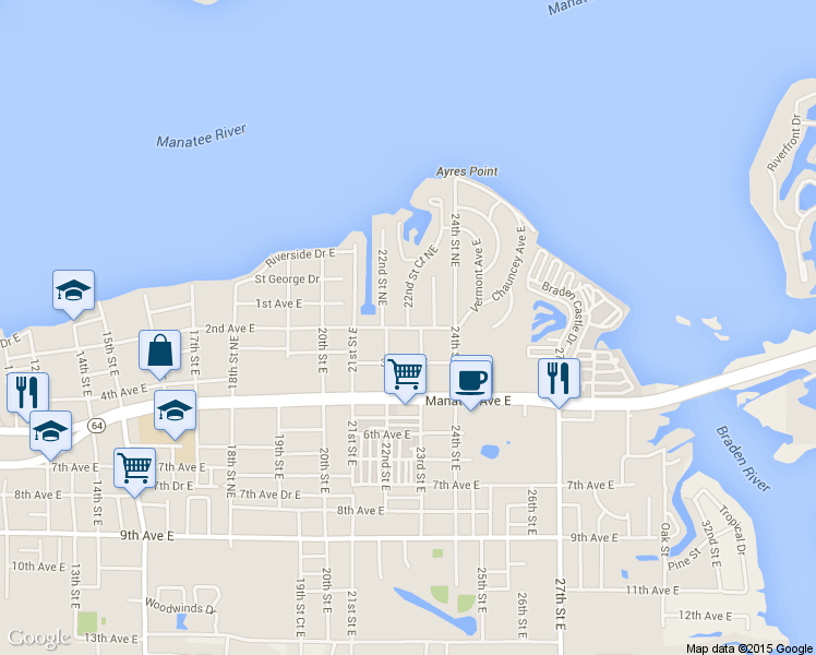 map of restaurants, bars, coffee shops, grocery stores, and more near 101 22nd Street Court Northeast in Bradenton