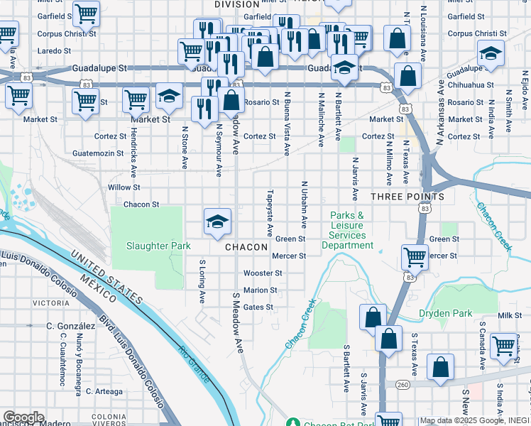 map of restaurants, bars, coffee shops, grocery stores, and more near 314 Tapeyste Avenue in Laredo