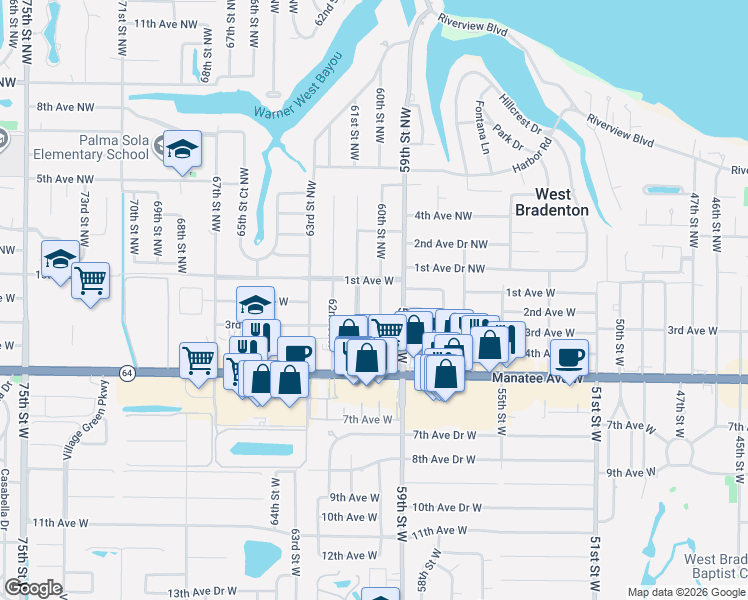 map of restaurants, bars, coffee shops, grocery stores, and more near 100 60th Street West in Bradenton