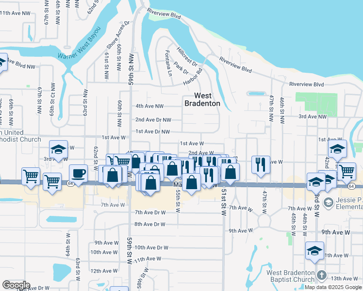 map of restaurants, bars, coffee shops, grocery stores, and more near 5447 1st Avenue West in Bradenton
