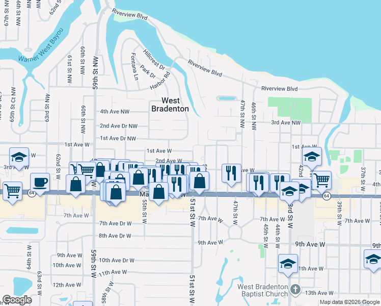 map of restaurants, bars, coffee shops, grocery stores, and more near 5103 1st Avenue Drive Northwest in Bradenton