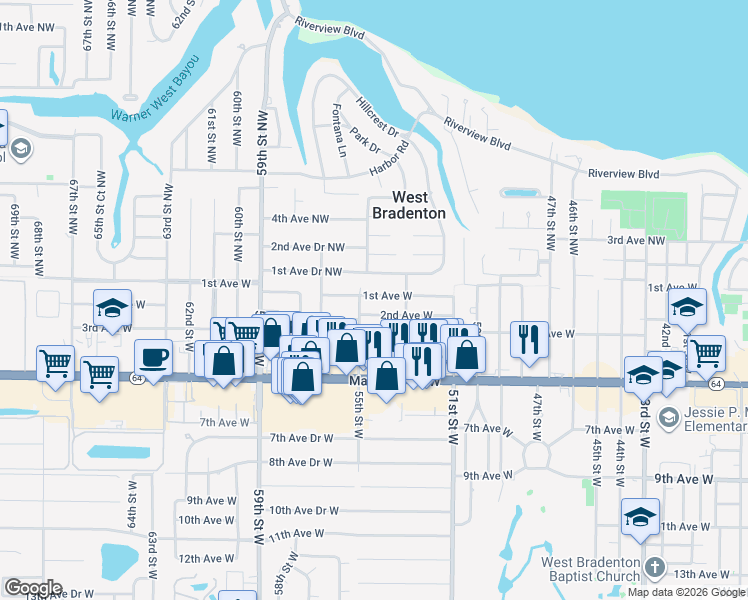 map of restaurants, bars, coffee shops, grocery stores, and more near 5411 1st Avenue West in Bradenton