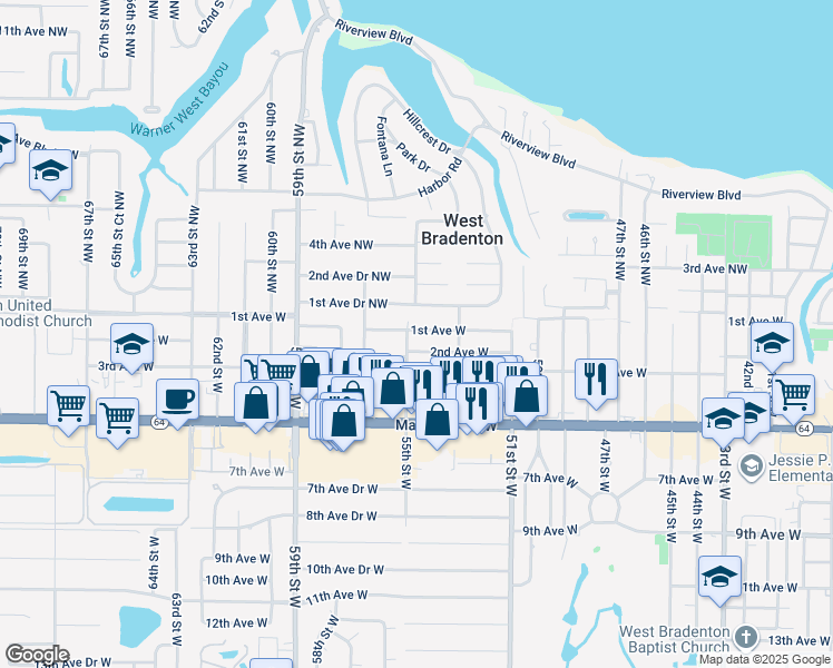 map of restaurants, bars, coffee shops, grocery stores, and more near 5427 1st Avenue West in Bradenton