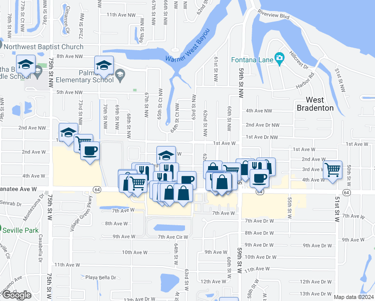 map of restaurants, bars, coffee shops, grocery stores, and more near 6308 2nd Avenue West in Bradenton