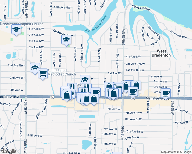map of restaurants, bars, coffee shops, grocery stores, and more near 106 63rd Street Northwest in Bradenton