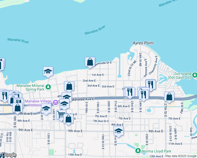 map of restaurants, bars, coffee shops, grocery stores, and more near 1822 1st Avenue East in Bradenton