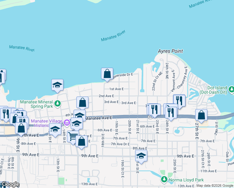map of restaurants, bars, coffee shops, grocery stores, and more near 1822 1st Avenue East in Bradenton