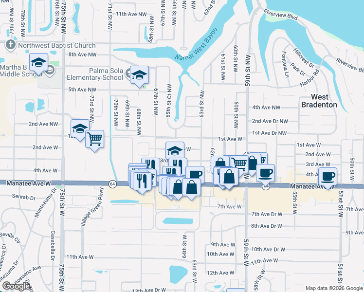 map of restaurants, bars, coffee shops, grocery stores, and more near 6407 1st Avenue West in Bradenton