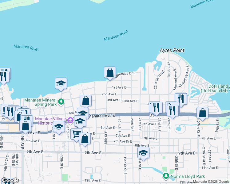 map of restaurants, bars, coffee shops, grocery stores, and more near 1822 1st Avenue East in Bradenton