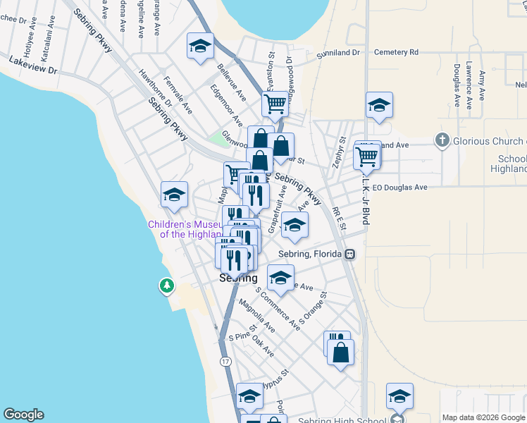 map of restaurants, bars, coffee shops, grocery stores, and more near in Sebring