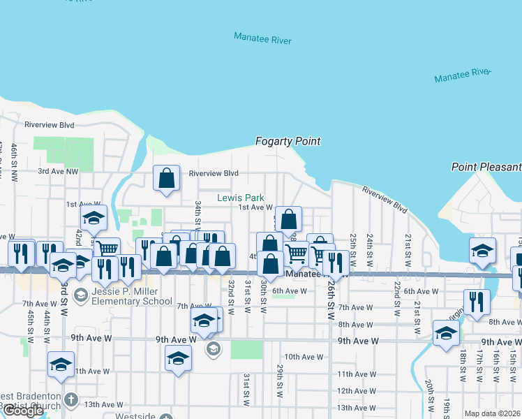 map of restaurants, bars, coffee shops, grocery stores, and more near 102 30th Street West in Bradenton