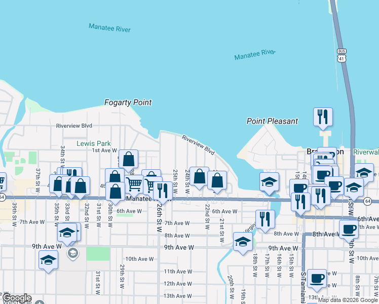 map of restaurants, bars, coffee shops, grocery stores, and more near 109 24th Street Northwest in Bradenton