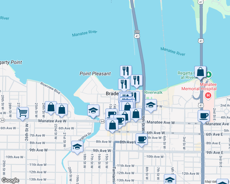 map of restaurants, bars, coffee shops, grocery stores, and more near 21 14th Street West in Bradenton