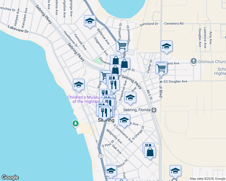 map of restaurants, bars, coffee shops, grocery stores, and more near in Sebring