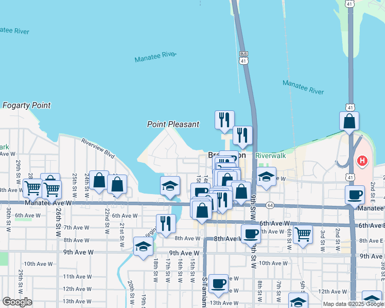 map of restaurants, bars, coffee shops, grocery stores, and more near 1510 1st Avenue West in Bradenton