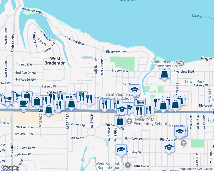 map of restaurants, bars, coffee shops, grocery stores, and more near 4507 1st Avenue Drive Northwest in Bradenton