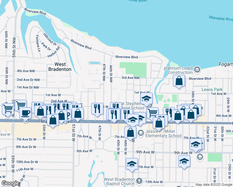 map of restaurants, bars, coffee shops, grocery stores, and more near 4507 1st Avenue Drive Northwest in Bradenton