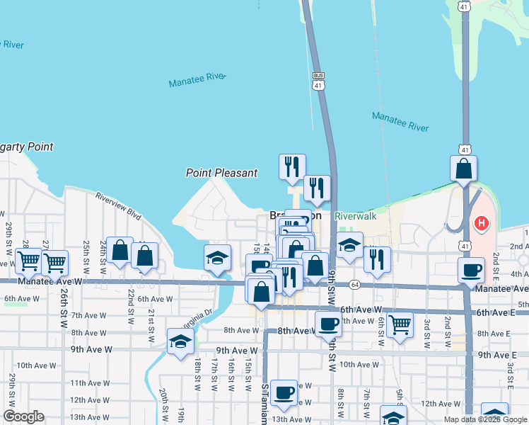 map of restaurants, bars, coffee shops, grocery stores, and more near in Bradenton