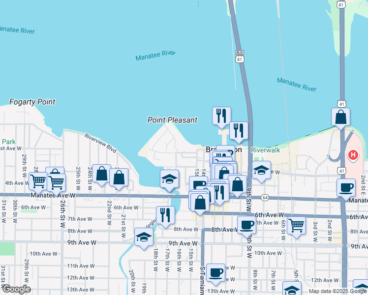map of restaurants, bars, coffee shops, grocery stores, and more near 1510 1st Avenue West in Bradenton