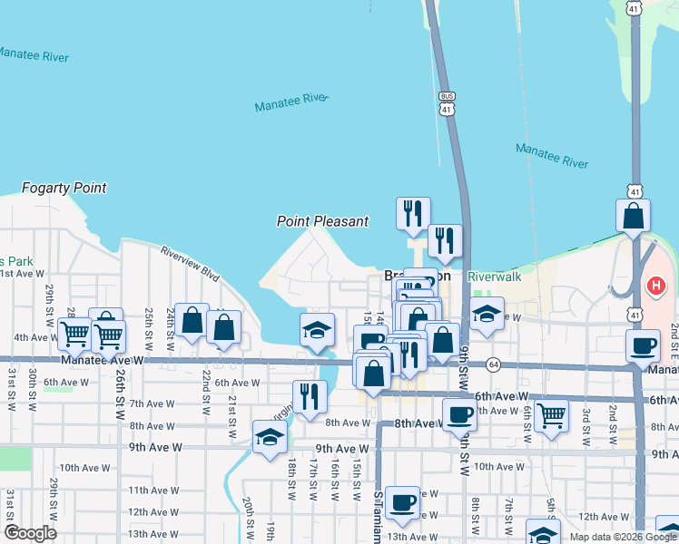 map of restaurants, bars, coffee shops, grocery stores, and more near 1510 1st Avenue West in Bradenton