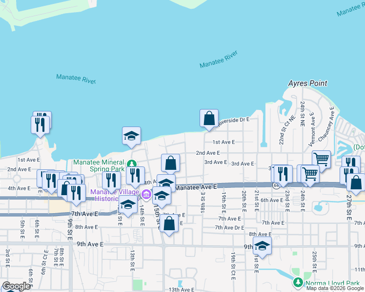 map of restaurants, bars, coffee shops, grocery stores, and more near 108 17th Street East in Bradenton