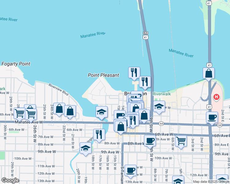 map of restaurants, bars, coffee shops, grocery stores, and more near 1510 1st Avenue West in Bradenton