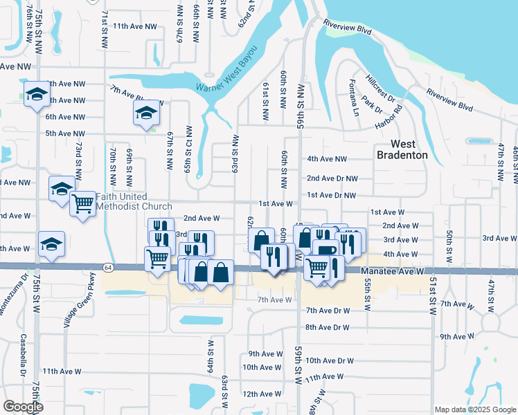 map of restaurants, bars, coffee shops, grocery stores, and more near 6111 1st Avenue West in Bradenton